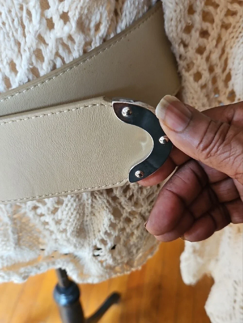 Per Se Cream Leather Belt with Silver Leather Wrap Buckle